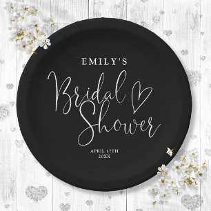 Black And White Script Calligraphy Bridal Shower Paper Plates