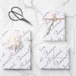 Black and white script calligraphy names wedding wrapping paper sheets<br><div class="desc">Black and white script calligraphy names wedding Wrapping Paper Sheets are available for personalization. You can add your names to make it unique and special for your wedding. Please be aware that if your names take up more or less space than the default text size, you can customize it by...</div>