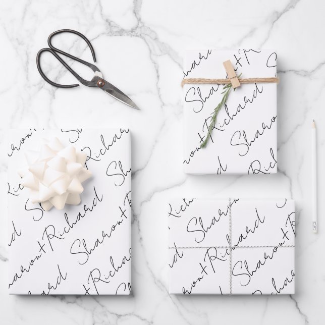 Black and white script calligraphy names wedding wrapping paper sheets (Front)