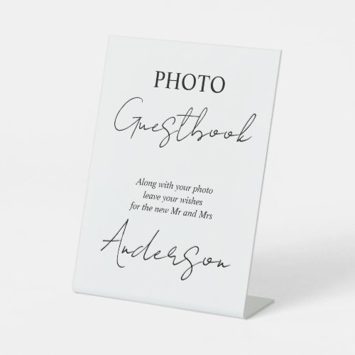 Black and white script calligraphy photo guestbook pedestal sign