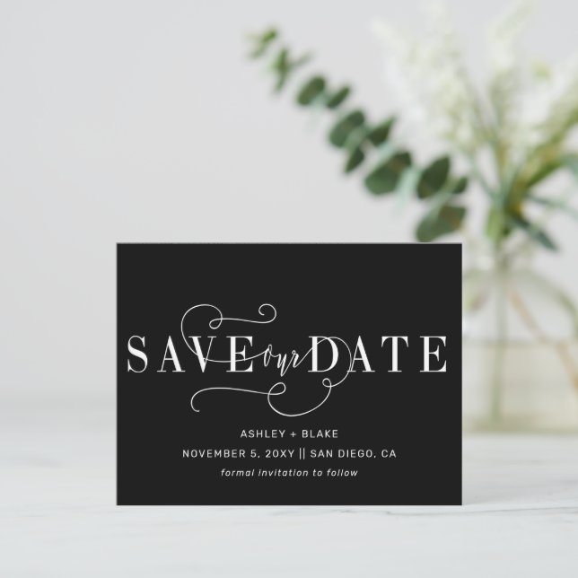 Black and White Script Calligraphy Save the Date Announcement Postcard (Standing Front)