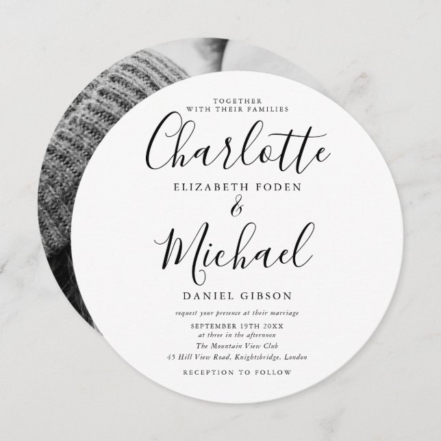 Black And White Script Circular Photo Wedding Invitation (Front/Back)