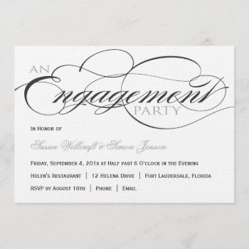Black And White Script Engagement Party Invitation by OrangeOstrichDesigns at Zazzle