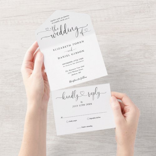 Black And White Script Hearts Minimalist Wedding All In One Invitation - All in one black and white wedding invitation featuring elegant hearts script typography and monogram initials. The invitation includes a perforated RSVP card that’s can be individually addressed or left blank for you to handwrite your guest's address details. Designed by Thisisnotme©