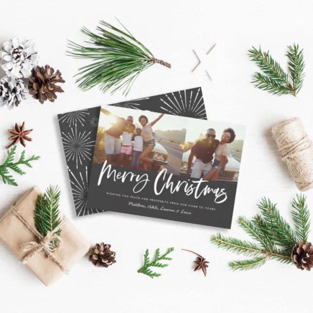Black and white script merry christmas multi photo holiday card | Zazzle