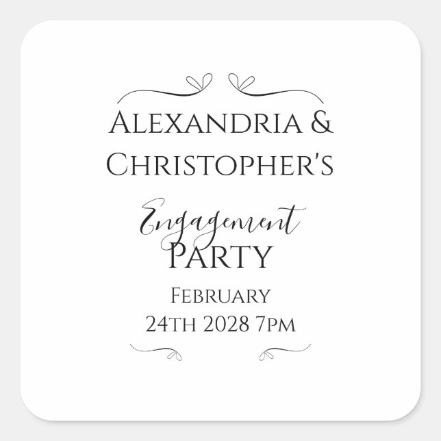 Black and White Script Minimal Engagement Party Square Sticker (Front)