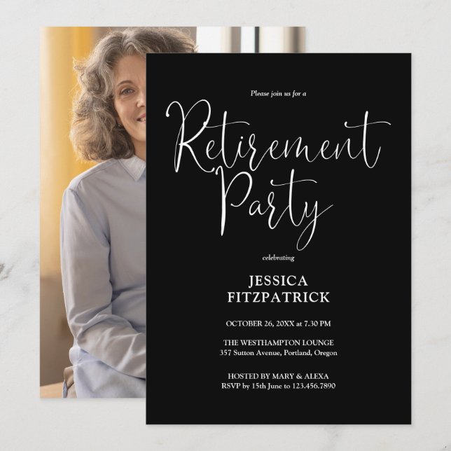 Black And White Script Photo Retirement Party Invitation (Front/Back)