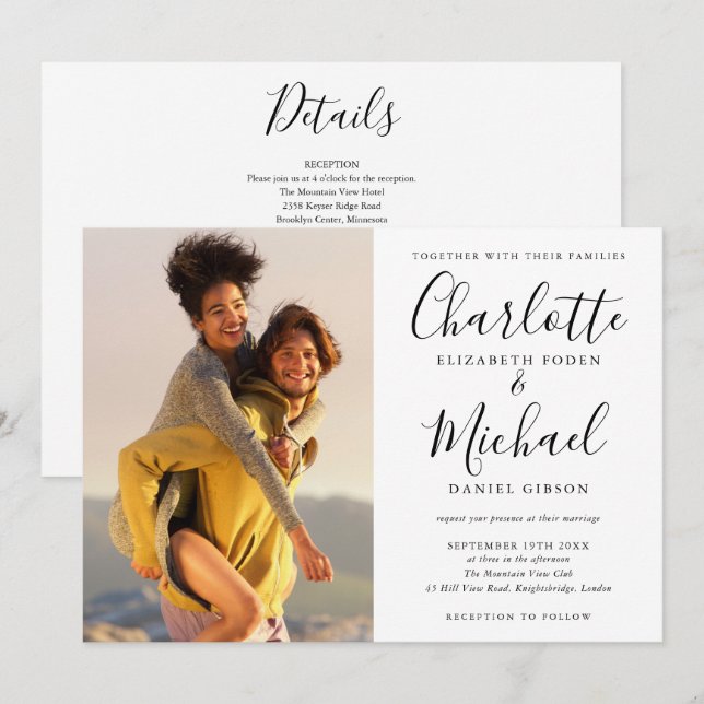 Black And White Script Photo Wedding All In One Invitation (Front/Back)