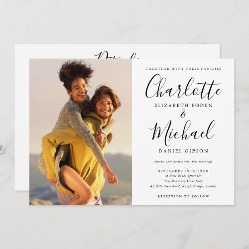 Black And White Script Photo Wedding All In One Invitation