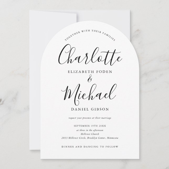 Black And White Script QR Code Arch Wedding Invitation (Front)