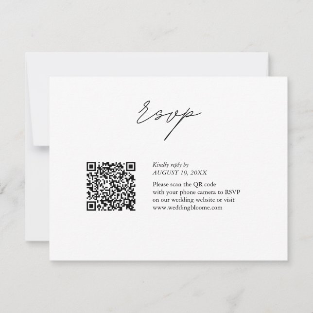  Black and white script QR code wedding RSVP Card (Front)