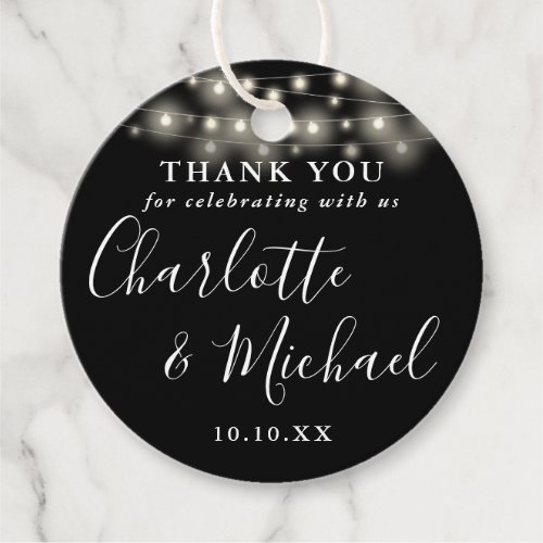 Black And White Script String Lights Thank You Favor Tags