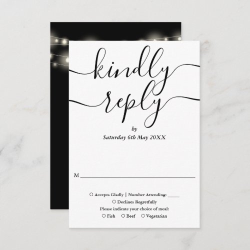 Black And White Script String Lights Wedding RSVP Card