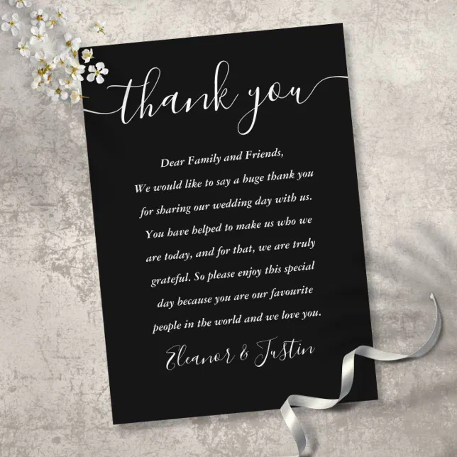 Black And White Script Thank You Wedding Place Card | Zazzle