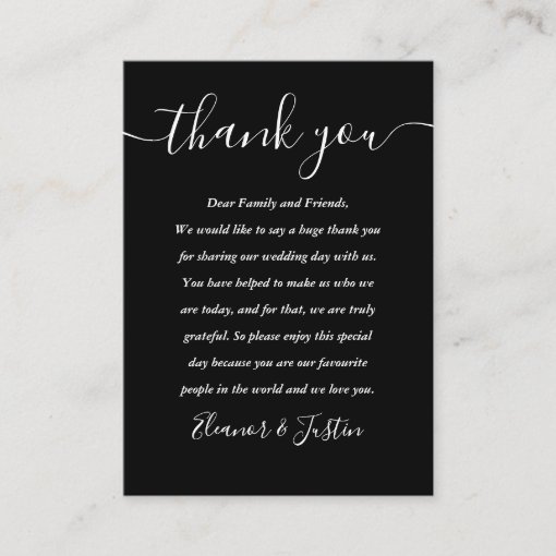 Black And White Script Thank You Wedding Place Card | Zazzle