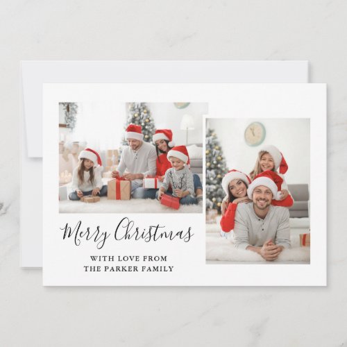 Black and White Script Three Photo Merry Christmas Holiday Card