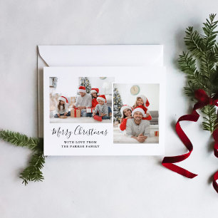 Black and White Script Two Photo Merry Christmas Holiday Postcard