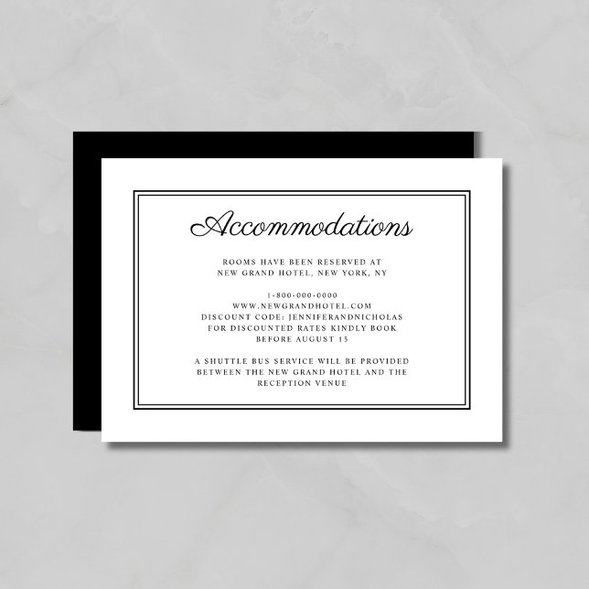 Black And White Script Wedding Accommodation Enclosure Card (Black And White Script Wedding Accommodation Enclosure Card)