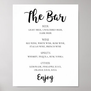 Black and white script wedding alcohol drinks bar poster