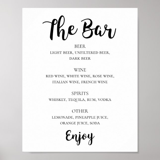 Black and white script wedding alcohol drinks bar poster (Front)