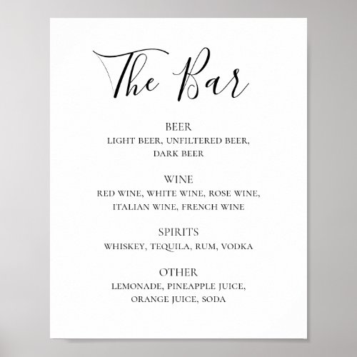 Black and white script wedding drinks bar menu poster