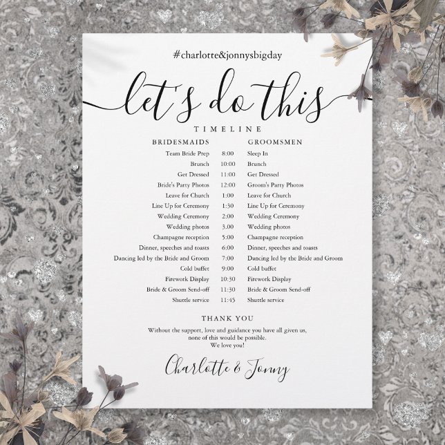 Black and White Script Wedding Schedule Timeline (Black and White Script Wedding Schedule Timeline)