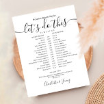 Black and White Script Wedding Schedule Timeline<br><div class="desc">This stylish back and white wedding schedule timeline can be personalized with your wedding details in chic lettering. Designed by Thisisnotme©</div>
