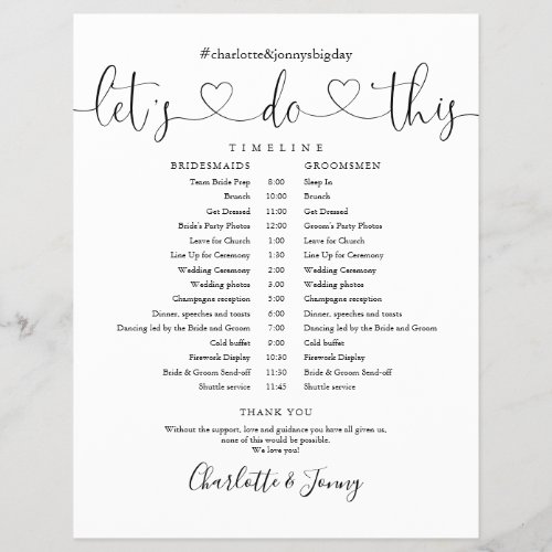 Black And White Script Wedding Schedule Timeline - This stylish wedding schedule-timeline can be personalized with your wedding details in chic lettering. Designed by Thisisnotme©