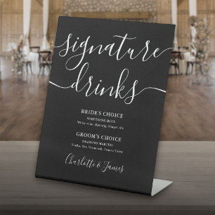 Black And White Script Wedding Signature Drinks Pedestal Sign