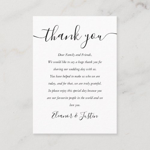 Black And White Script Wedding Thank You Place Card