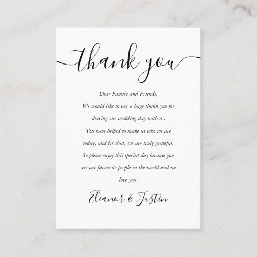 Black And White Script Wedding Thank You Place Card | Zazzle