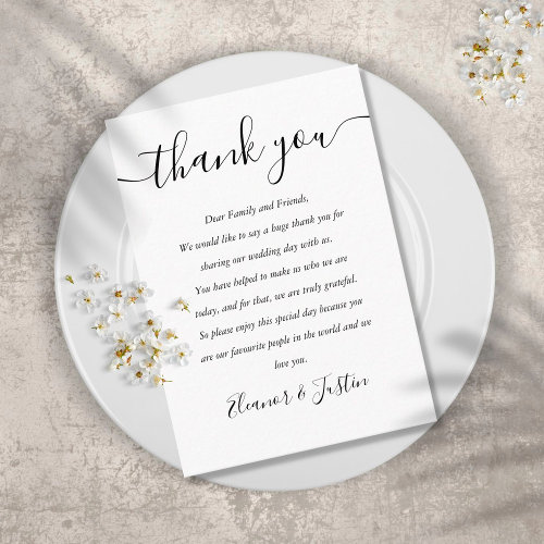 Black And White Script Wedding Thank You Place Card
