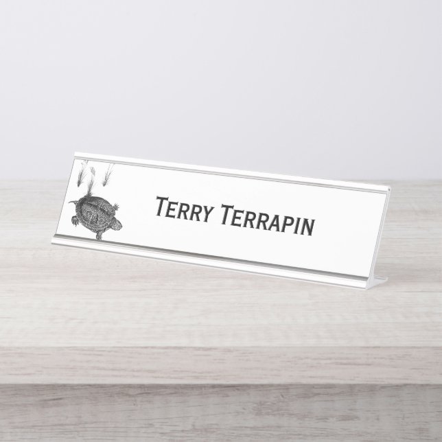 Black and White Sea Turtle Personalized Desk Name Plate (Front)