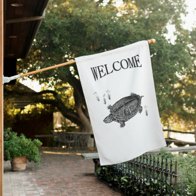 Black and White Sea Turtle Welcome House Flag (In SItu)