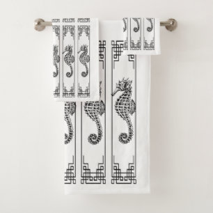 Black and White Seahorse - Graphic Illustration Bath Towel Set