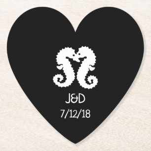 Black and White Seahorse Wedding Heart Coaster