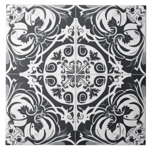 Black and White Seamless Portuguese Ceramic Tile