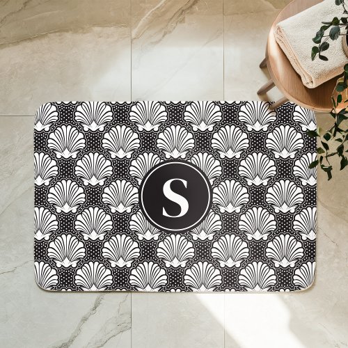 Black And White Seashell Coastal Monogram Bath Mat