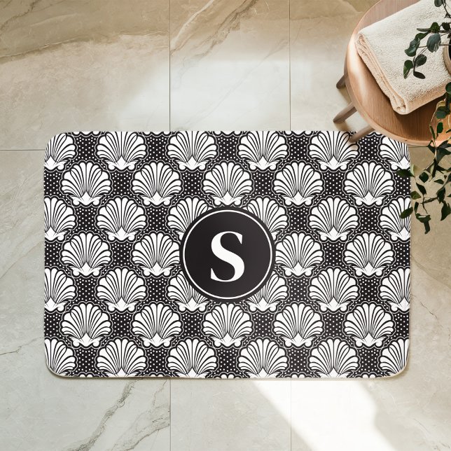 Black and White Seashell Coastal Monogram Bath Mat (Creator Uploaded)