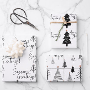 Black and White Season's Greetings Tree Wrapping Paper Sheets