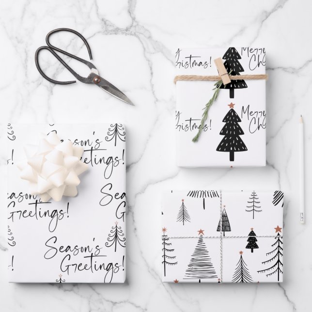 Black and White Season's Greetings Tree Wrapping Paper Sheets (Front)
