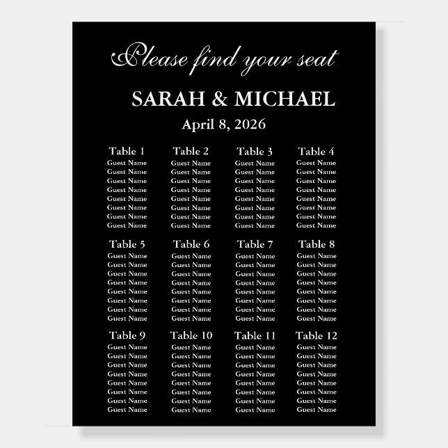 Black and White Seating Chart Foam Boards (Front)