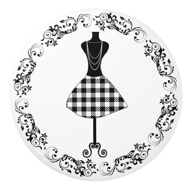 Black and White Sewing Room Bodice Dress Form Cera Ceramic Knob (Front)