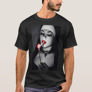 Black And White Sexy Nun Smoking Cigaret T-Shirt