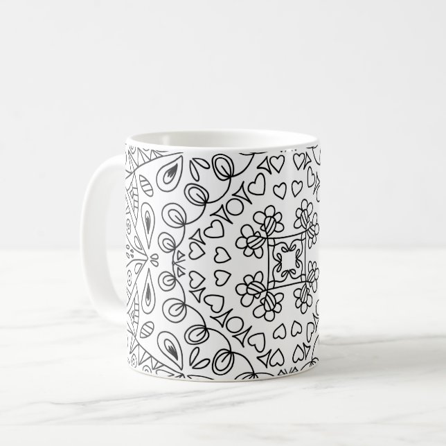 Black and White Shape Hearts Patterns Coffee Mug (Front Left)