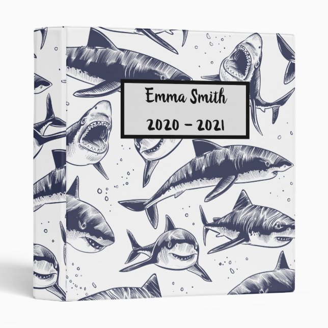 Black and White Sharks Personalized School 3 Ring Binder (Front/Spine)