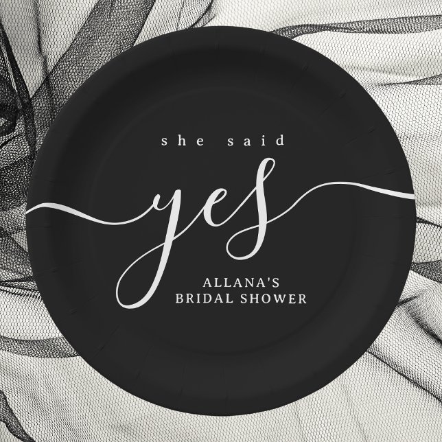 Black and White She Said Yes Bridal Shower Paper Plates (Minimalist black-and-white bridal shower paper plate with elegant script design.)