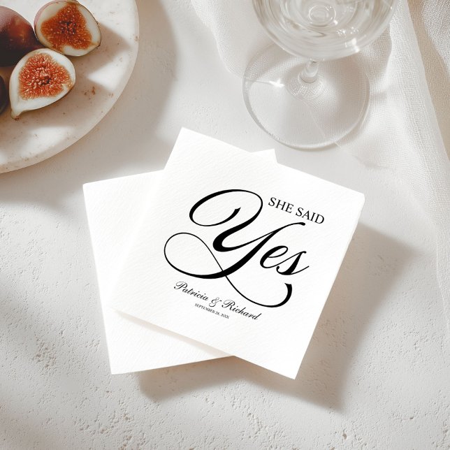 Black And White She Said Yes Engagement Party Napkins (Creator Uploaded)
