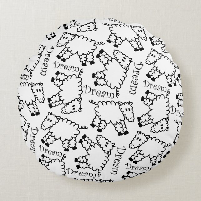 Black and White Sheep Doodle Pattern Round Pillow (Front)