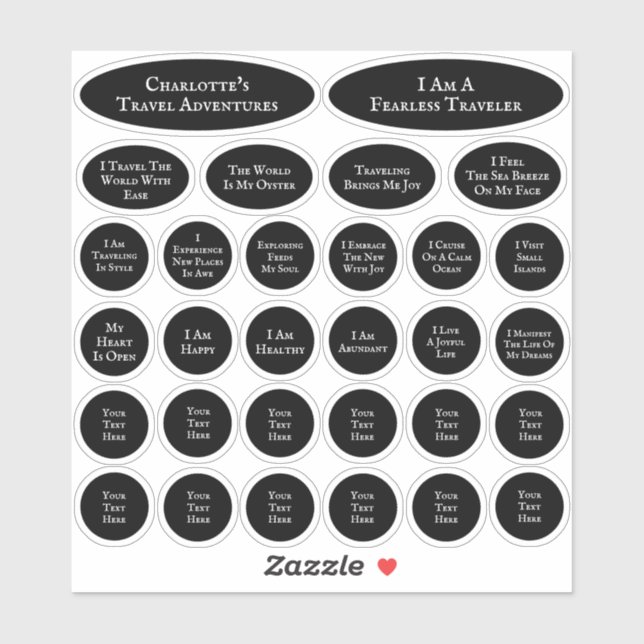 Black And White Sheet Of 30 Travel Affirmations Sticker (Sheet)